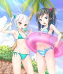  2girls asashio_(kantai_collection) bikini black_hair blue_bikini blue_bow blue_eyes blue_sky bow breasts collarbone day eyebrows_visible_through_hair food gotou_hisashi groin hair_between_eyes hair_bobbles hair_bow hair_ornament holding holding_food ice_cream innertube kantai_collection kasumi_(kantai_collection) long_hair looking_at_viewer multiple_girls navel open_mouth outdoors palm_tree shiny shiny_hair side-tie_bikini side_ponytail sideboob silver_hair sky small_breasts standing striped striped_bikini sunlight swimsuit tongue tongue_out transparent tree yellow_eyes 
