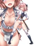  1boy :d ;d ass astolfo_(fate) bangs black_bow black_footwear black_ribbon blush boots bow braid bulge chest clothes_writing collarbone commentary_request eyebrows_visible_through_hair fang fate/apocrypha fate_(series) from_behind front-tie_top full_body fundoshi hair_between_eyes hair_bow hair_intakes hair_over_shoulder hair_ribbon hands_on_hips hands_up head_tilt highres japanese_clothes knee_boots legs_apart long_hair long_sleeves looking_at_viewer looking_back male_focus midriff multicolored_hair multiple_views navel one_eye_closed open_mouth otoko_no_ko outline pink_hair ribbon rope shiny shiny_hair shirt simple_background single_braid smile standing stomach streaked_hair sweat tango_(tn500) thigh-highs thigh_gap towel towel_around_neck violet_eyes white_background white_hair white_legwear white_outline white_shirt 
