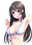  1girl :d bangs bare_shoulders bikini blue_eyes blush breasts brown_hair collarbone commentary_request eyebrows_visible_through_hair fang front-tie_bikini front-tie_top hair_between_eyes hand_up head_tilt long_hair looking_at_viewer medium_breasts nekobaka open_mouth original outstretched_arm reaching_out self_shot sidelocks simple_background smile solo swimsuit very_long_hair white_background white_bikini 