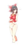  ascot bare_legs bare_shoulders black_hair blouse blush bow breasts collarbone groin hair_bow hair_tubes hakurei_reimu hand_on_own_stomach highres looking_away medium_breasts midriff navel no_pants non_(z-art) open_mouth panties red_eyes short_hair simple_background sleepy standing touhou underwear white_background white_panties 