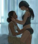  2girls bandaid black_shirt chloe_frazer commentary dark_skin english_commentary hand_in_hair hands_on_another&#039;s_hips highres kisetsu long_hair looking_at_another looking_down looking_up low_ponytail multiple_girls nadine_ross scar shadow shirt sitting smile tank_top uncharted white_shirt yuri 