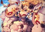  1girl 307_(aho307) :d anila_(granblue_fantasy) black_skirt blonde_hair blue_sky blurry blurry_background breasts cleavage clouds commentary_request curled_horns day depth_of_field floating_hair fur_collar granblue_fantasy horns huge_breasts long_hair long_sleeves open_mouth outstretched_arms pleated_skirt riding sheep sheep_horns skirt sky smile solo spread_arms thigh-highs white_legwear yellow_eyes 