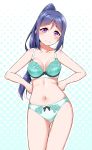  1girl aqua_bra aqua_panties blue_hair blush bra breasts cleavage collarbone commentary_request eyebrows_visible_through_hair gluteal_fold halftone halftone_background hands_on_hips long_hair long_ponytail looking_at_viewer love_live! love_live!_sunshine!! matsuura_kanan medium_breasts midriff navel panties ponytail sidelocks smile solo thigh_gap underwear underwear_only violet_eyes yopparai_oni 