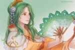  1girl closed_mouth elincia_ridell_crimea fan fire_emblem fire_emblem:_akatsuki_no_megami fire_emblem:_souen_no_kiseki fire_emblem_heroes folding_fan green_background green_hair hair_ornament holding holding_fan japanese_clothes kimono long_hair orange_kimono simple_background solo tamafries twitter_username yellow_eyes yukata 