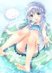  1girl :d angora_rabbit animal bangs bare_legs bare_shoulders barefoot bikini blue_bikini blue_eyes blue_hair blush collarbone commentary_request eyebrows_visible_through_hair fingernails gochuumon_wa_usagi_desu_ka? green_innertube hair_between_eyes hair_ornament halter_top halterneck head_tilt highres innertube kafuu_chino long_hair looking_at_viewer low_twintails lying on_back open_mouth outstretched_arm polka_dot polka_dot_bikini rabbit round_teeth shiiba_nae sidelocks smile swimsuit teeth tippy_(gochiusa) transparent twintails upper_teeth very_long_hair water wet x_hair_ornament 