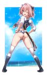  1boy ;d ass astolfo_(fate) bangs beach black_bow black_footwear black_ribbon blue_sky blush boots border bow braid bulge clothes_writing clouds day eyebrows_visible_through_hair fang fate/apocrypha fate_(series) from_behind full_body fundoshi hair_between_eyes hair_bow hair_intakes hair_over_shoulder hair_ribbon hands_on_hips head_tilt highres horizon japanese_clothes knee_boots legs_apart long_hair long_sleeves looking_at_viewer looking_back male_focus midriff multicolored_hair ocean one_eye_closed open_mouth otoko_no_ko outline outside_border pink_hair ribbon rope sand shiny shiny_hair shirt single_braid sky smile solo sparkle standing streaked_hair tango_(tn500) thigh-highs violet_eyes water_drop white_border white_hair white_legwear white_outline white_shirt 