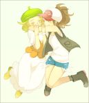  2girls bel_(pokemon) blonde_hair breasts brown_hair canari closed_eyes commentary_request creatures_(company) denim denim_shorts dress game_freak green_hat hat long_hair medium_hair multiple_girls nintendo open_mouth pokeball_symbol pokemon pokemon_(game) pokemon_bw shorts smile touko_(pokemon) 