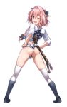  1boy ;d ass astolfo_(fate) bangs black_bow black_footwear black_ribbon blush boots bow braid bulge clothes_writing eyebrows_visible_through_hair fang fate/apocrypha fate_(series) from_behind full_body fundoshi hair_between_eyes hair_bow hair_intakes hair_over_shoulder hair_ribbon hands_on_hips head_tilt highres japanese_clothes knee_boots legs_apart long_hair long_sleeves looking_at_viewer looking_back male_focus midriff multicolored_hair one_eye_closed open_mouth otoko_no_ko pink_hair ribbon rope shiny shiny_hair shirt simple_background single_braid smile solo standing streaked_hair tango_(tn500) thigh-highs violet_eyes white_background white_hair white_legwear white_shirt 