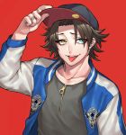  1boy baseball_cap black_hair black_shirt blue_eyes haraodori_sp hat hat_tip heterochromia hypnosis_mic jacket jewelry letterman_jacket male_focus mole mole_under_mouth open_mouth red_background ring shirt simple_background smile tongue tongue_out yamada_jirou yellow_eyes 