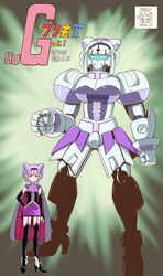  1girl baby bangs black_footwear black_gloves black_hairband boots bridal_gauntlets cape commentary_request copyright_name garter_straps gloves gundam gunpla hairband hand_on_hip high_heel_boots high_heels highres hug-tan_(precure) hugtto!_precure koyukiyasu mecha parody precure purple_hair ruru_amour sleeveless thigh-highs thigh_boots violet_eyes 