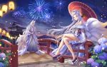  1boy 1girl achyue animal_ears arm_tattoo bare_shoulders bridge chinese_commentary comb commentary_request copyright_request fireworks flower fox_ears fox_tail hair_ornament highres kitsune lantern legs_crossed long_hair looking_at_viewer mole mole_under_eye multiple_tails night obi off_shoulder on_railing oriental_umbrella partial_commentary platform_footwear railing red_eyes sash silver_hair tail tattoo umbrella very_long_hair wide_sleeves 