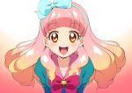  1girl :d aikatsu!_(series) aikatsu_friends! bangs blunt_bangs blush bow bowtie brown_eyes collarbone commentary_request eyebrows_visible_through_hair foreshortening gradient gradient_background gradient_hair hair_bow hairband long_hair looking_at_viewer mattsua multicolored_hair open_mouth orange_hair pink_hair round_teeth sailor_collar school_uniform smile solo star_harmony_academy_uniform teeth upper_body upper_teeth yuuki_aine 