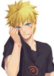  1boy absurdres blonde_hair blood blood_on_face blue_eyes highres ichisaku looking_at_viewer naruto naruto_(series) shirt short_hair solo t-shirt upper_body uzumaki_naruto white_background wiping_face 