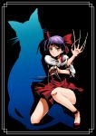  1girl black_background blush border cat choker closed_mouth collarbone dress fingernails gegege_no_kitarou hair_ribbon high_heels highres long_fingernails looking_at_viewer nekomusume nekomusume_(gegege_no_kitarou_6) one_knee purple_hair red_dress red_footwear red_ribbon ribbon satsukiyu sharp_fingernails shirt short_hair silhouette smile solo torn_clothes torn_shirt v-shaped_eyebrows white_shirt yellow_eyes 