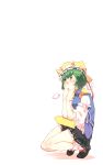  1girl blush breasts epaulettes full_body green_eyes green_hair hat highres miniskirt non_(z-art) open_mouth rod_of_remorse shiki_eiki shirt shoes short_hair short_sleeves sigh simple_background skirt small_breasts socks solo squatting touhou vest white_background 