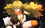 1girl belt black_gloves black_shorts blonde_hair breasts brown_jacket buckle cleavage clenched_hand cropped_jacket eyebrows_visible_through_hair fighting_stance gloves grin hair_between_eyes highres isshiki_(ffmania7) jacket kneehighs large_breasts long_hair midriff orange_scarf over-kneehighs puffy_short_sleeves puffy_sleeves red_eyes rwby scarf short_sleeves shorts smile squatting thigh-highs waist_cape wavy_hair yang_xiao_long yellow_crop_top 