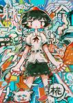  1girl abstract bangs black_hair black_ribbon black_skirt clouds collared_shirt colorful dog food fruit hat hito_(nito563) holding holding_leaf holding_leash inubashiri_momiji inubashiri_momiji_(wolf) leaf leash looking_at_viewer open_mouth puffy_short_sleeves puffy_sleeves red_eyes red_hat ribbon shameimaru_aya shirt short_hair short_sleeves skirt speech_bubble tokin_hat touhou translated watermelon white_shirt 