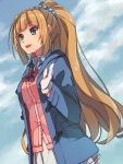  1girl bangs blonde_hair blue_eyes blue_scrunchie blue_shirt blunt_bangs bow chiharu_(9654784) coat collared_shirt day dress_shirt eyebrows_visible_through_hair gloves highres karuizawa_kei long_hair mittens open_clothes open_coat open_mouth outdoors pleated_skirt ponytail red_bow school_uniform scrunchie shirt skirt sky smile solo very_long_hair waving white_gloves winter winter_clothes winter_coat youkoso_jitsuryoku_shijou_shugi_no_kyoushitsu_e 