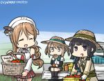  3girls basket blue_sky braid brown_hair commentary_request dated day detached_sleeves double_bun eating_hair feathers garter_straps greenhouse ground_vehicle hair_feathers hamu_koutarou hat headdress kantai_collection kitakami_(kantai_collection) light_brown_hair littorio_(kantai_collection) long_hair michishio_(kantai_collection) motor_vehicle multiple_girls neckerchief necktie open_mouth pleated_skirt ponytail school_uniform serafuku shirt short_twintails single_braid skirt sky sleeveless sleeveless_shirt straw_hat tomato truck twintails wavy_hair 