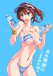  1girl :d bikini blue_background blush bottle breasts brown_hair chinatsu_(suzutsuki_kurara) commentary_request green_eyes hair_ornament hairclip highres large_breasts long_hair looking_at_viewer open_mouth original ponytail shiny shiny_skin simple_background smile striped striped_bikini suzutsuki_kurara swimsuit 