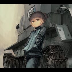  1girl brown_eyes brown_hair bt-42 caterpillar_tracks emblem girls_und_panzer ground_vehicle highres jacket keizoku_(emblem) keizoku_military_uniform low_twintails mikko_(girls_und_panzer) military military_vehicle motor_vehicle short_hair short_twintails solo tank twintails yasushi 