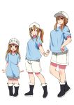  1girl age_progression blush boots breasts brown_eyes brown_hair flat_cap flat_chest hat hataraku_saibou highres large_breasts looking_at_viewer medium_breasts one_eye_closed platelet_(hataraku_saibou) ponytail shirt short_sleeves shorts simple_background solo_focus white_background 