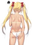 1girl adjusting_clothes adjusting_swimsuit alexmaster annoyed ass back bare_shoulders bikini blonde_hair hair_ornament highres long_hair original shiny shiny_skin simple_background solo standing sweat swimsuit tan tanline twintails white_background white_bikini 