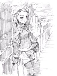  1girl against_railing bag blush casual clara_(girls_und_panzer) closed_mouth clouds cloudy_sky commentary day fur-trimmed_sleeves fur_trim girls_und_panzer gloves graphite_(medium) greyscale handbag highres holding long_hair long_sleeves looking_at_viewer miniskirt monochrome outdoors pantyhose pink_x print_skirt sketch skirt sky smile solo standing traditional_media tree turtleneck 