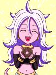  :3 :d android_21 bare_shoulders breasts cleavage closed_eyes detached_sleeves doughnut dragon_ball dragon_ball_fighterz earrings fangs food hair_between_eyes hoop_earrings jewelry koyukiyasu long_hair majin_android_21 midriff navel open_mouth pink_skin smile strapless tail tubetop yellow_background 