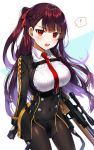  ! 1girl bangs black_gloves black_legwear blush breasts bullpup covered_navel gijang girls_frontline gloves gun hair_ribbon half_updo large_breasts long_hair looking_at_viewer necktie open_mouth pantyhose purple_hair red_eyes ribbon rifle simple_background sniper_rifle solo spoken_exclamation_mark strap wa2000_(girls_frontline) walther walther_wa_2000 weapon white_background 