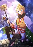  1boy black_legwear blonde_hair blue_eyes full_moon japanese_clothes kagamine_len koinobori looking_at_viewer male_focus moon mou_(mooooow) night night_sky official_art petals rooftop sitting sky solo thigh-highs torn_clothes torn_thighhighs vocaloid wide_sleeves 