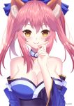  1girl animal_ear_fluff animal_ears bare_shoulders blue_ribbon blush breasts cleavage collarbone detached_sleeves fate/extra fate/grand_order fate_(series) fox_ears hair_ribbon highres japanese_clothes large_breasts looking_at_viewer nekotonyan pink_hair ribbon simple_background smile solo tamamo_(fate)_(all) tamamo_no_mae_(fate) white_background yellow_eyes 