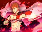  1boy abs absurdres brown_hair emiya_shirou eyebrows_visible_through_hair facial_mark fate/grand_order fate_(series) grey_cape hair_between_eyes highres holding holding_sword holding_weapon katana limited/zero_over male_focus petals solo spiky_hair sword upper_body waku_(ayamix) weapon yellow_eyes 