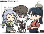  3girls :o bangs black_hair blush braid closed_eyes commentary_request cup dated destroyer_water_oni green_hairband hair_between_eyes hairband hakama hamu_koutarou houshou_(kantai_collection) japanese_clothes kantai_collection multiple_girls pale_skin red_eyes seiza shinkaisei-kan silver_hair single_braid sitting smile tasuki teapot wavy_hair white_hair yamagumo_(kantai_collection) yunomi 