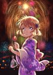  1girl back_bow bag bow brown_hair eyebrows_visible_through_hair fireworks floral_print flower haibara_ai hair_flower hair_ornament highres holding holding_bag japanese_clothes kimono looking_at_viewer looking_back meitantei_conan open_mouth outdoors pink_bow plastic_bag purple_flower purple_kimono rosette_(roze-ko) short_hair sketch solo violet_eyes yukata 