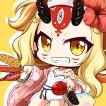  1girl bangs bare_shoulders blonde_hair brown_eyes candy_apple chibi chocolate_banana corn cotton_candy dutch_angle facial_mark fang fate/grand_order fate_(series) floral_print flower food forehead_mark grin hair_flower hair_ornament holding holding_food horns ibaraki_douji_(fate/grand_order) ibaraki_douji_(swimsuit_lancer)_(fate) japanese_clothes kimono long_hair long_sleeves looking_at_viewer oni oni_horns open_clothes open_kimono parted_bangs pink_kimono print_kimono red_flower sausage shachoo. shadow smile solo strapless strapless_swimsuit swimsuit very_long_hair white_swimsuit wide_sleeves yellow_background 