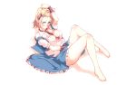  1girl adjusting_hair alice_margatroid barefoot between_breasts blue_eyes blush breasts cleavage collared_shirt full_body hairband hand_in_hair knees_up looking_at_viewer lying medium_breasts necktie necktie_between_breasts non_(z-art) on_back open_clothes open_shirt partially_unbuttoned shirt short_sleeves simple_background skirt skirt_pull solo touhou vest white_background wrist_cuffs 