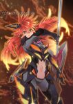  1girl amou_kanade bodysuit breasts cleavage commentary_request headphones large_breasts link_(aa30) long_hair navel red_eyes redhead senki_zesshou_symphogear senki_zesshou_symphogear_xd_unlimited solo weapon 