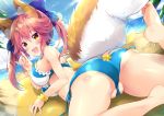  1girl animal_ear_fluff animal_ears ass beach bikini blue_bikini blue_ribbon blush breasts cleavage commentary_request day fang fate/extra fate/extra_ccc fate/grand_order fate_(series) fox_ears fox_shadow_puppet fox_tail hair_ribbon large_breasts looking_at_viewer looking_back lying maruchan. navel ocean on_stomach open_mouth outdoors palm_tree palms pink_hair ribbon solo swimsuit tail tamamo_(fate)_(all) tamamo_no_mae_(fate) tree yellow_eyes 
