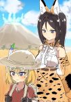  2girls animal_ears backpack bag bangs black_hair blonde_hair blue_eyes blue_sky bookbag bow bowtie chawan_(yultutari) closed_mouth commentary cosplay day elbow_gloves extra_ears eyebrows_visible_through_hair field girls_und_panzer gloves hat hat_feather helmet high-waist_skirt highres kaban_(kemono_friends) kaban_(kemono_friends)_(cosplay) katyusha kemono_friends light_frown long_hair looking_at_another looking_to_the_side miniskirt multiple_girls nonna outdoors pith_helmet print_gloves print_neckwear print_skirt red_shirt serval_(kemono_friends) serval_(kemono_friends)_(cosplay) serval_ears serval_print serval_tail shirt short_hair short_sleeves skirt sky sleeveless standing sweatdrop swept_bangs tail volcano white_shirt yellow_gloves yellow_neckwear yellow_skirt 