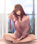  1girl alternate_costume bare_legs bare_shoulders barefoot bed blurry breasts casual contemporary depth_of_field dress fate/grand_order fate_(series) full_body indian_style indoors large_breasts long_hair looking_at_viewer on_bed open_window pink_eyes purple_hair red_eyes scathach_(fate)_(all) scathach_(fate/grand_order) shoukaki_(earthean) sitting smile solo sweater sweater_dress thighs window 