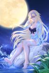  1girl 333_(pixiv8601259) absurdres arm_support barefoot black_bikini_top blonde_hair blue_eyes blue_jacket breasts cleavage collarbone eyebrows_visible_through_hair fate/grand_order fate_(series) floating_hair full_body full_moon hand_in_hair headpiece highres hood hooded_jacket jacket jeanne_d&#039;arc_(swimsuit_archer) large_breasts long_hair moon night open_clothes open_jacket outdoors sitting sky smile soaking_feet solo strapless strapless_bikini thigh_strap very_long_hair water 