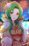  1girl brown_eyes elincia_ridell_crimea festival fire_emblem fire_emblem:_akatsuki_no_megami fire_emblem:_souen_no_kiseki fireworks green_hair highres ippers japanese_clothes kimono long_hair looking_at_viewer night open_mouth simple_background smile solo 