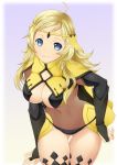  1girl ahoge ashita_yaru bangs black_legwear black_panties blonde_hair blue_eyes breasts bridal_gauntlets cape cleavage cowboy_shot fire_emblem fire_emblem_if gluteal_fold grey_background head_tilt headpiece jewelry large_breasts leaning_forward long_hair looking_at_viewer navel ophelia_(fire_emblem_if) panties parted_bangs ring see-through smile solo standing thigh-highs thigh_gap underwear white_cape 