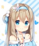  1girl bangs blue_dress blue_eyes blue_hairband blue_ribbon blush closed_mouth commentary_request dress eyebrows_visible_through_hair fur-trimmed_dress fur_trim girls_frontline hair_between_eyes hair_ornament hair_ribbon hairband hand_up heart ikataruto index_finger_raised light_brown_hair long_hair long_sleeves off-shoulder_dress off_shoulder one_side_up ribbon see-through see-through_sleeves smile snowflake_hair_ornament solo star suomi_kp31_(girls_frontline) 