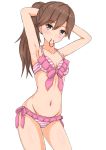  1girl alternate_hairstyle arashio_(kantai_collection) armpits arms_up bikini breasts brown_eyes brown_hair cleavage collarbone cowboy_shot eyebrows_visible_through_hair groin hair_between_eyes kantai_collection linfa_lm long_hair looking_at_viewer mouth_hold navel pink_bikini ponytail shiny shiny_skin side-tie_bikini simple_background small_breasts solo standing striped striped_bikini swimsuit tying_hair white_background 
