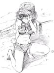  1girl adjusting_headwear akiyama_yukari arm_support bangs bikini bikini_shorts breasts camouflage camouflage_bikini camouflage_hat closed_mouth commentary eyebrows_visible_through_hair full_body girls_und_panzer goggles goggles_around_neck graphite_(medium) greyscale hat highres leaning_back looking_at_viewer medium_breasts messy_hair military_hat monochrome navel one_knee pink_x shaded_face short_hair shorts sketch smile solo swimsuit traditional_media 