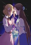  2girls blonde_hair blue_dress blush braid brown_hair closed_eyes dress elbow_gloves flower french_braid gloves hair_flower hair_ornament hair_ribbon holding_hands interlocked_fingers katarina_claes long_hair maria_campbell meteor_shower multiple_girls night night_sky otome_game_no_hametsu_flag_shika_nai_akuyaku_reijou_ni_tensei_shite_shimatta pink_hair ribbon short_hair sky yuri 