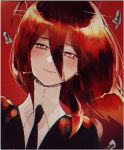  1other androgynous blush flower gem_uniform_(houseki_no_kuni) hair_flower hair_ornament houseki_no_kuni looking_at_viewer mercury necktie neyo_(1864_yynn) red_background red_eyes redhead shinsha_(houseki_no_kuni) short_hair solo sparkle upper_body 