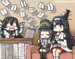  3girls aiguillette anger_vein arare_(kantai_collection) arm_warmers black_hair black_legwear brown_eyes collared_shirt commentary_request couch cracked_lens dated desk detached_sleeves eating epaulettes floral_print food fusou_(kantai_collection) glasses hachimaki hair_ornament hamu_koutarou hat headband ice_cream kantai_collection kneehighs long_sleeves multiple_girls necktie nontraditional_miko ooyodo_(kantai_collection) paper_stack ragequit remodel_(kantai_collection) school_uniform semi-rimless_eyewear serafuku shirt short_hair sparkle spoon sundae suspenders wing_collar 